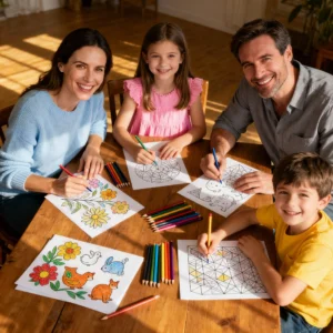 A family of four, including a mother, father, and two children, sit together at a table, happily coloring in books with colored pencils.